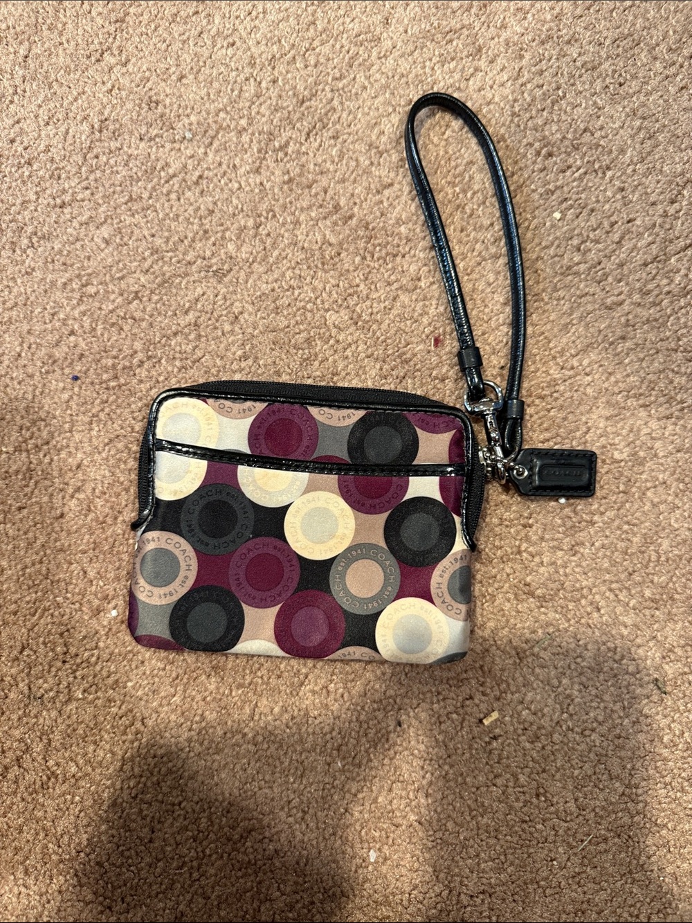 Coach Multicolor Circle Print Wristlet - Burgundy, Black, Cream